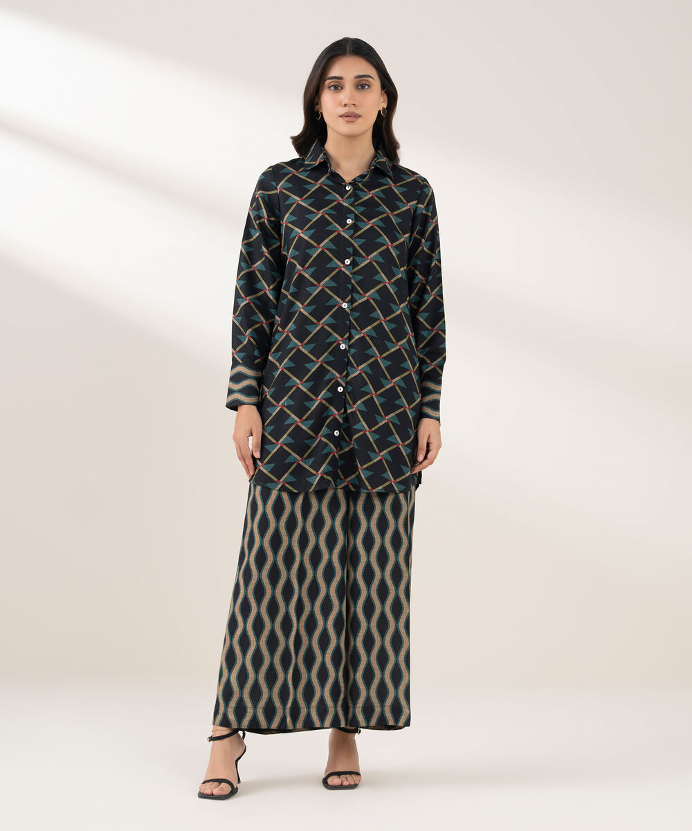 Women's RTW Viscose Linen Printed Straight Blue Shirt