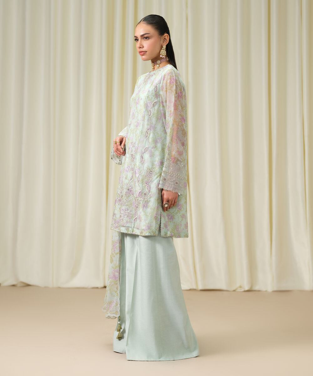 Women's Unstitched Blended Chiffon Embroidered Blue 3 Piece Suit