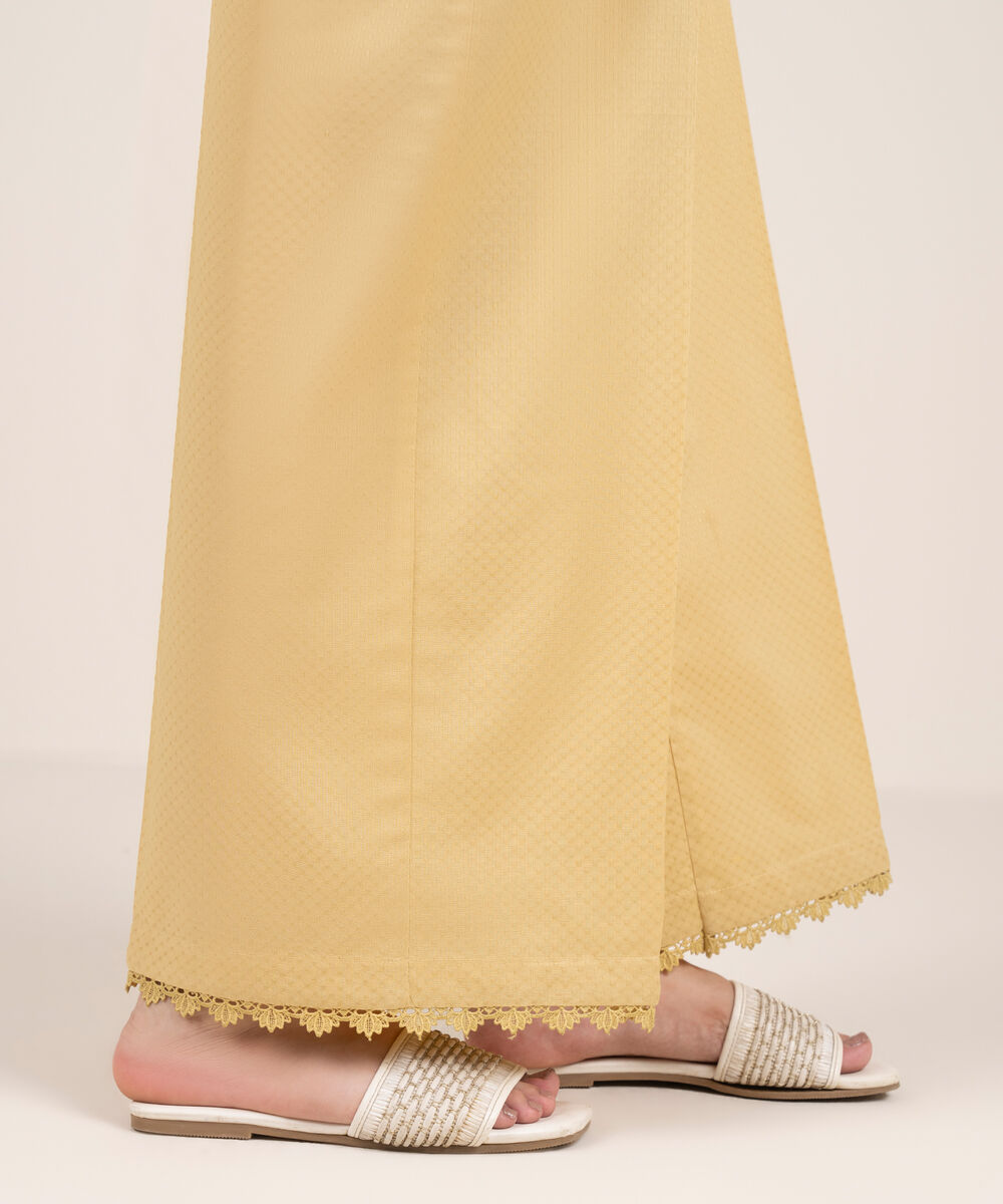 Women's RTW Textured Cotton Solid Off White Flared Pants