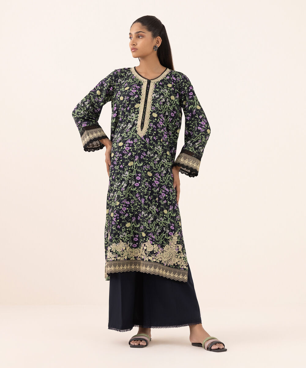 Women's RTW Arabic Lawn Black Embroidered A-Line Shirt