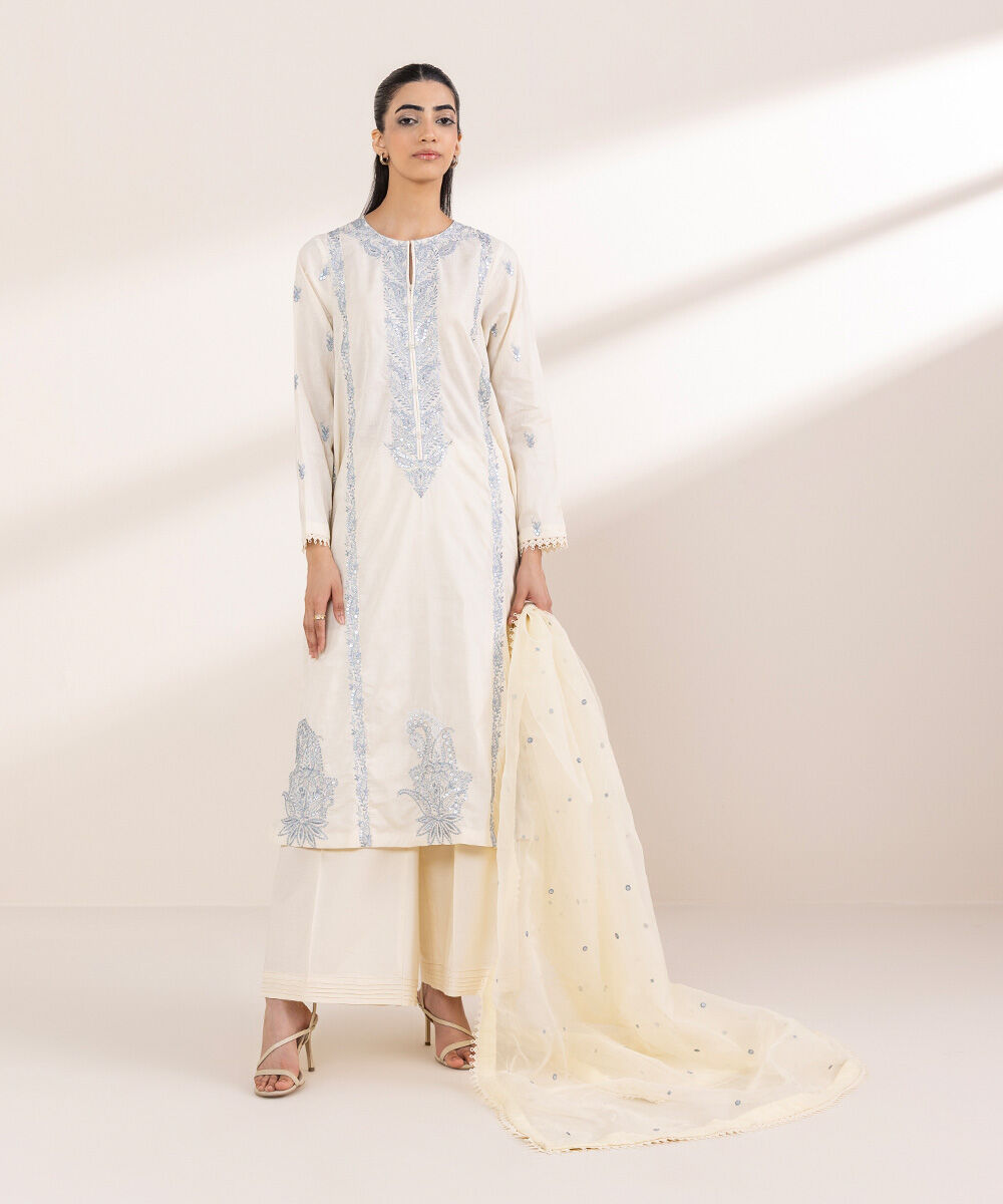 Women's RTW Cotton Jacquard Off White Embroidered A-Line Shirt