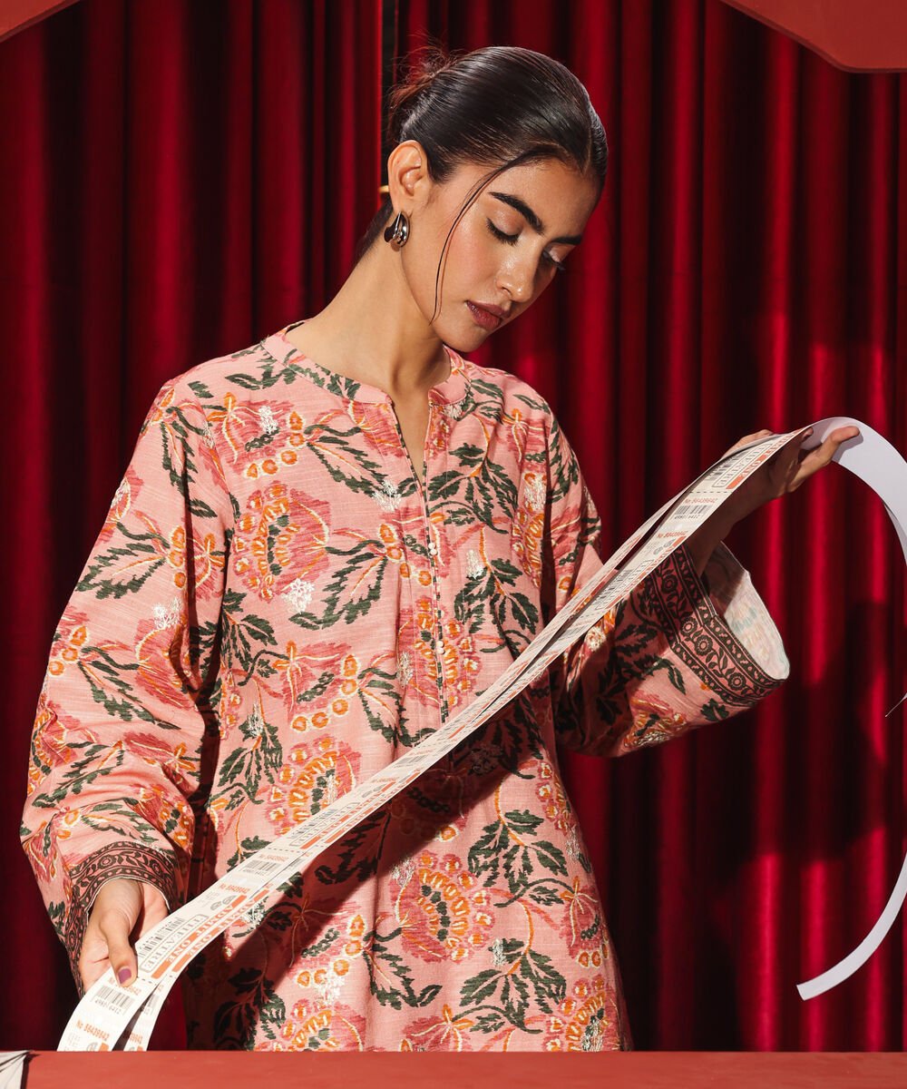 Women's RTW Light Khaddar Embroidered Straight Pink Shirt