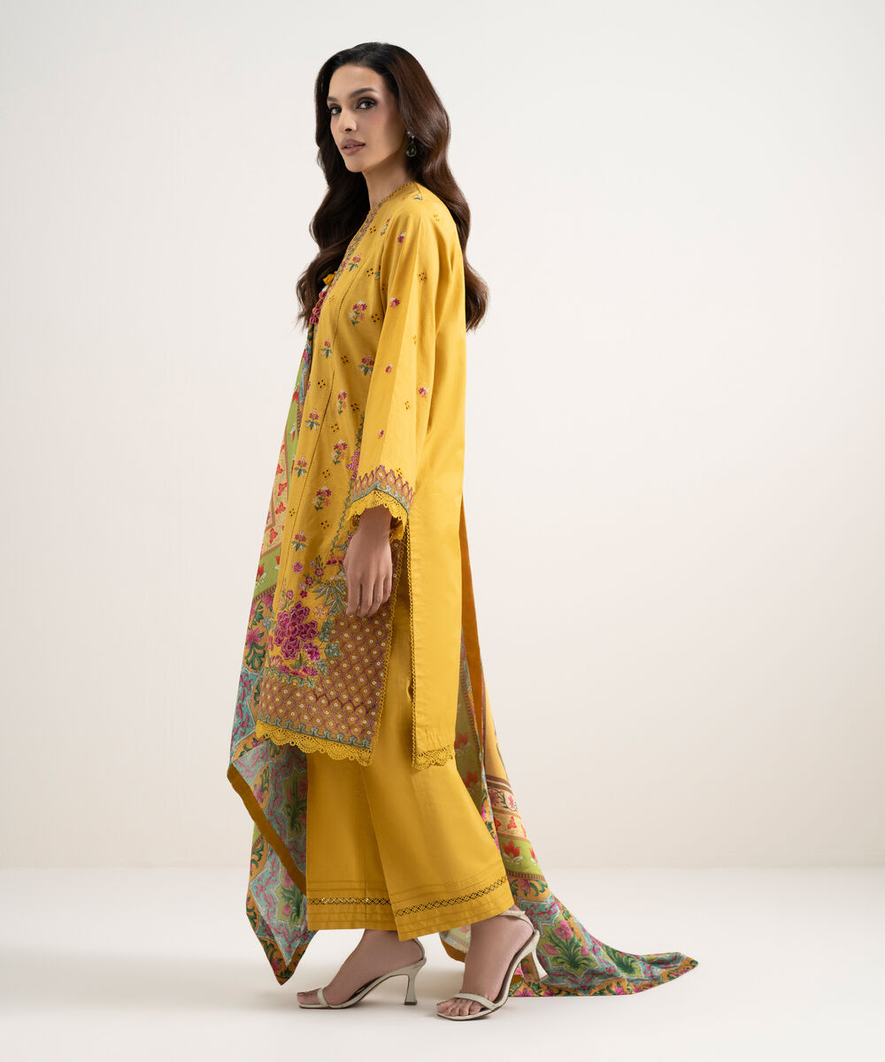 Women's Unstitched Textured Lawn Embroidered Yellow 3 Piece Suit