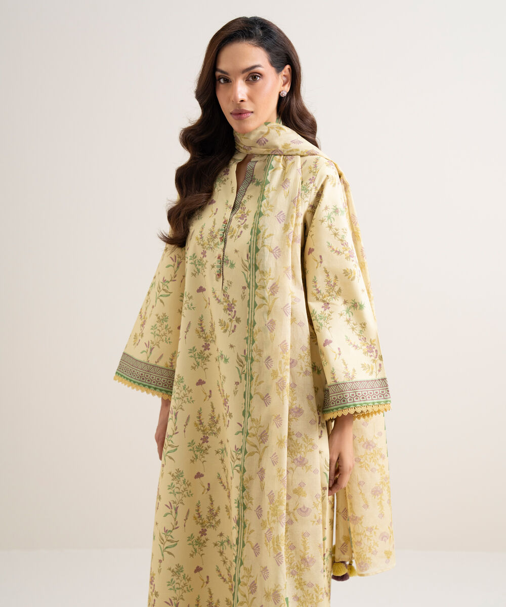 Women's Unstitched Lawn Printed Yellow 3 Piece Suit