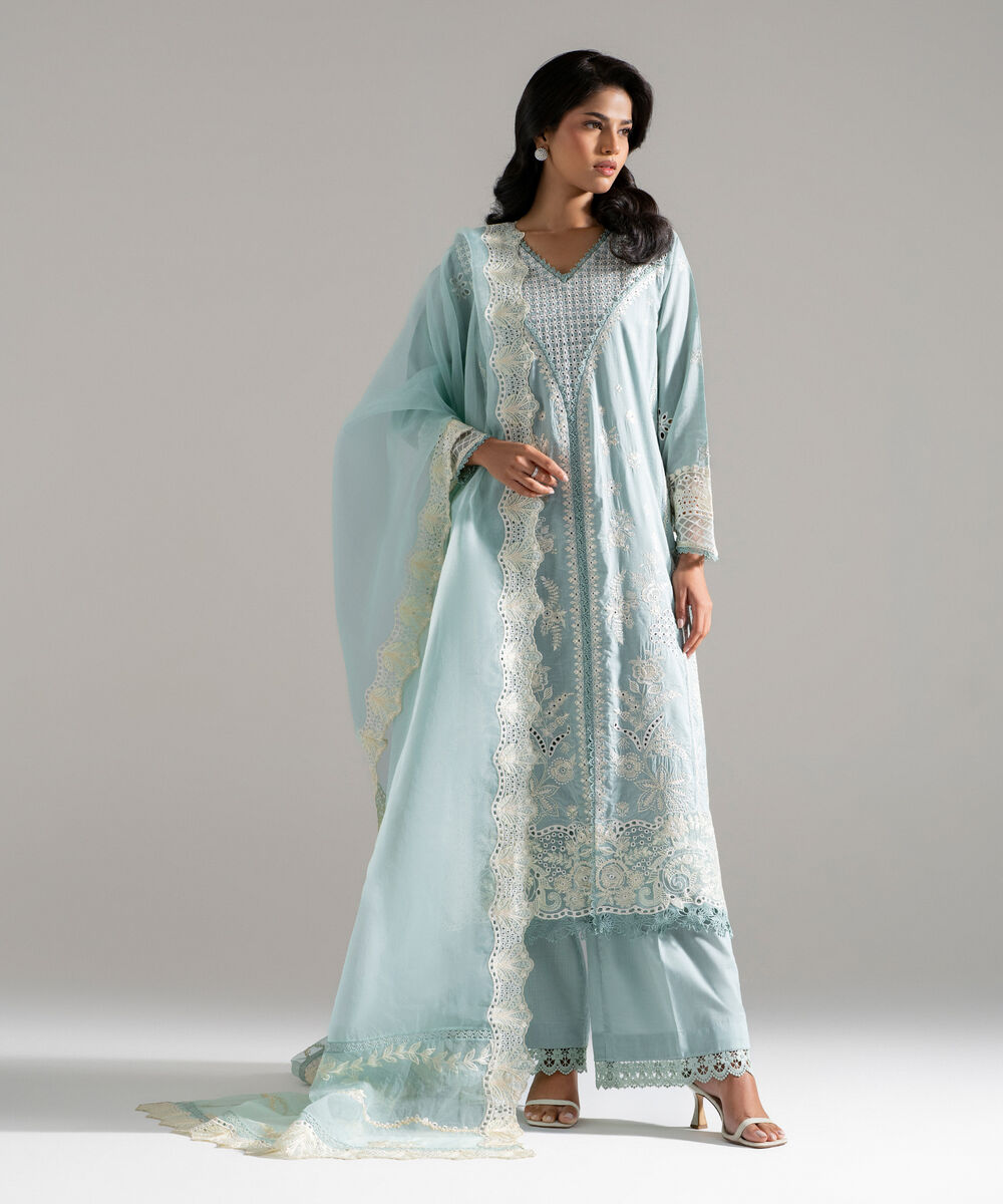 Women's RTW Crosshatch Embroidered Blue 3 Piece Suit