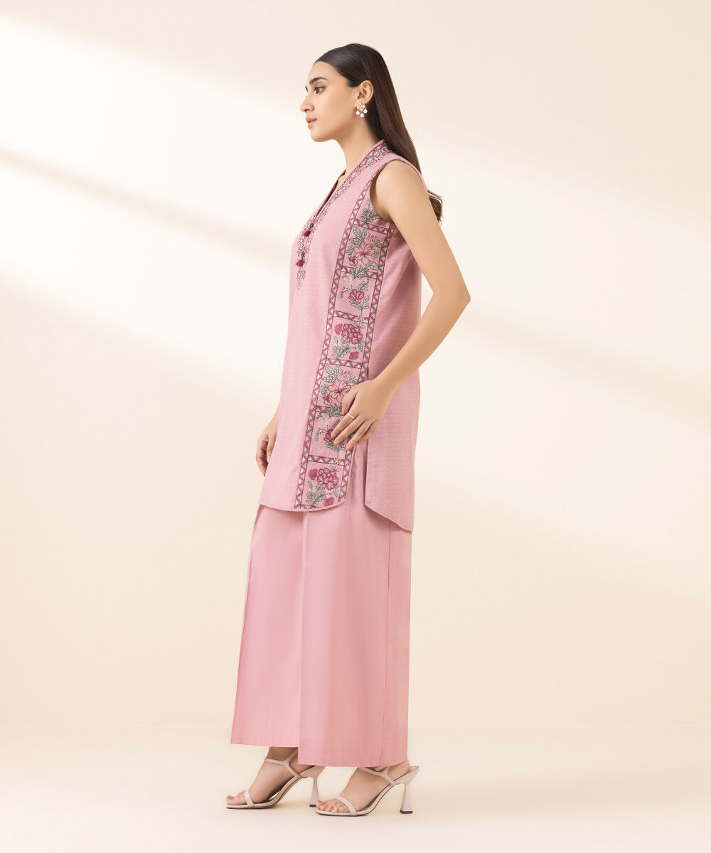 Unstitched Women's Pink Dobby Embroidered Shirt Trousers