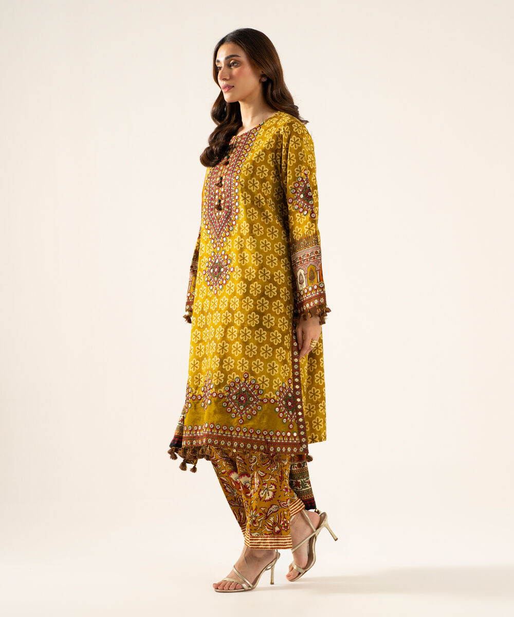 Women's Unstitched Linen Printed Mustard 3 Piece Suit