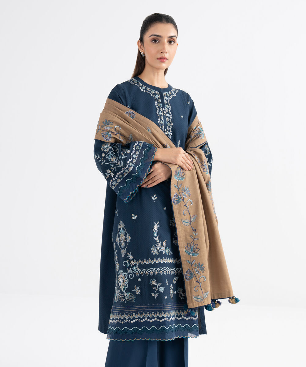 Women's Unstitched Dobby Embroidered Blue 3 Piece Suit