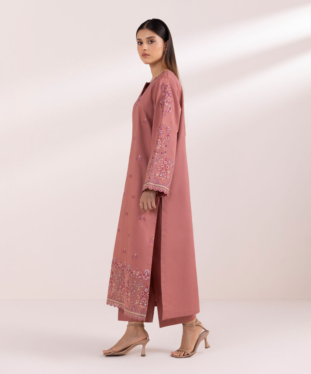 Women's Unstitched Raw Silk  Embroidered Dusty Pink 3 Piece Suit