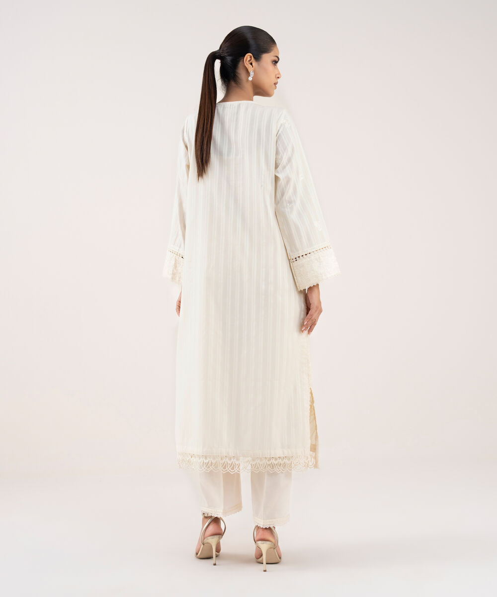 Women's RTW Textured Lawn Off White Embroidered A-Line Shirt
