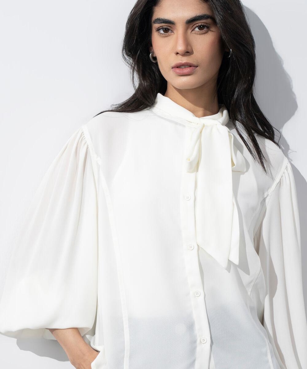 Women's Western Wear White Blouse With Tie Collar