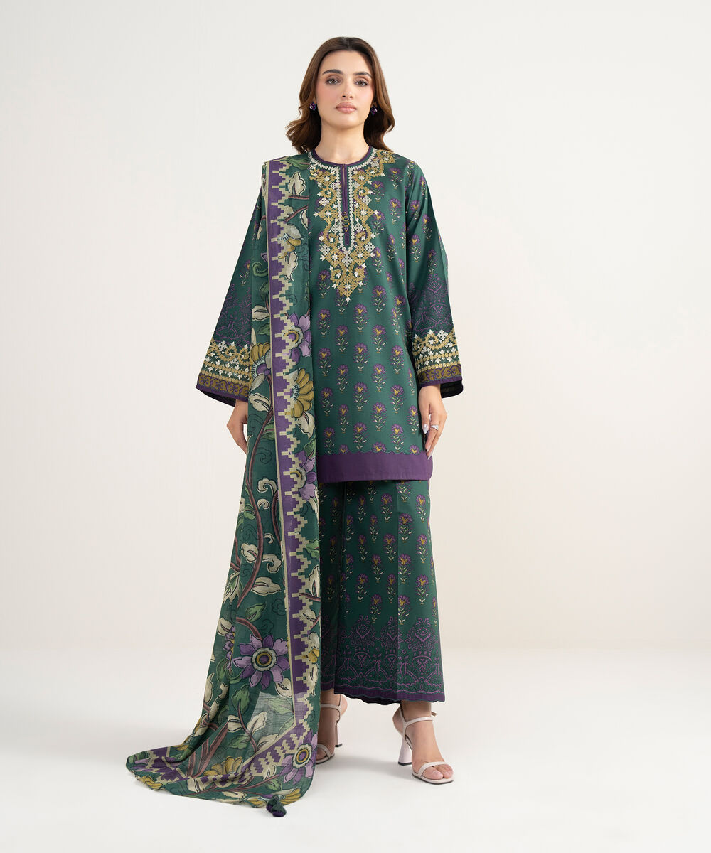 Women's Unstitched Lawn Embroidered Green 3 Piece Suit