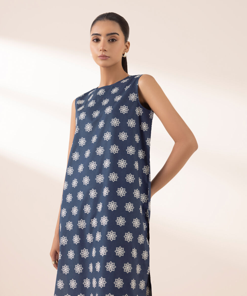 Women's RTW Cambric Blue Printed A-Line Shirt