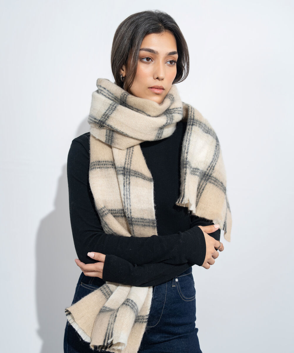 Women's Western Wear Off White & Beige Plaid Woollen Scarf