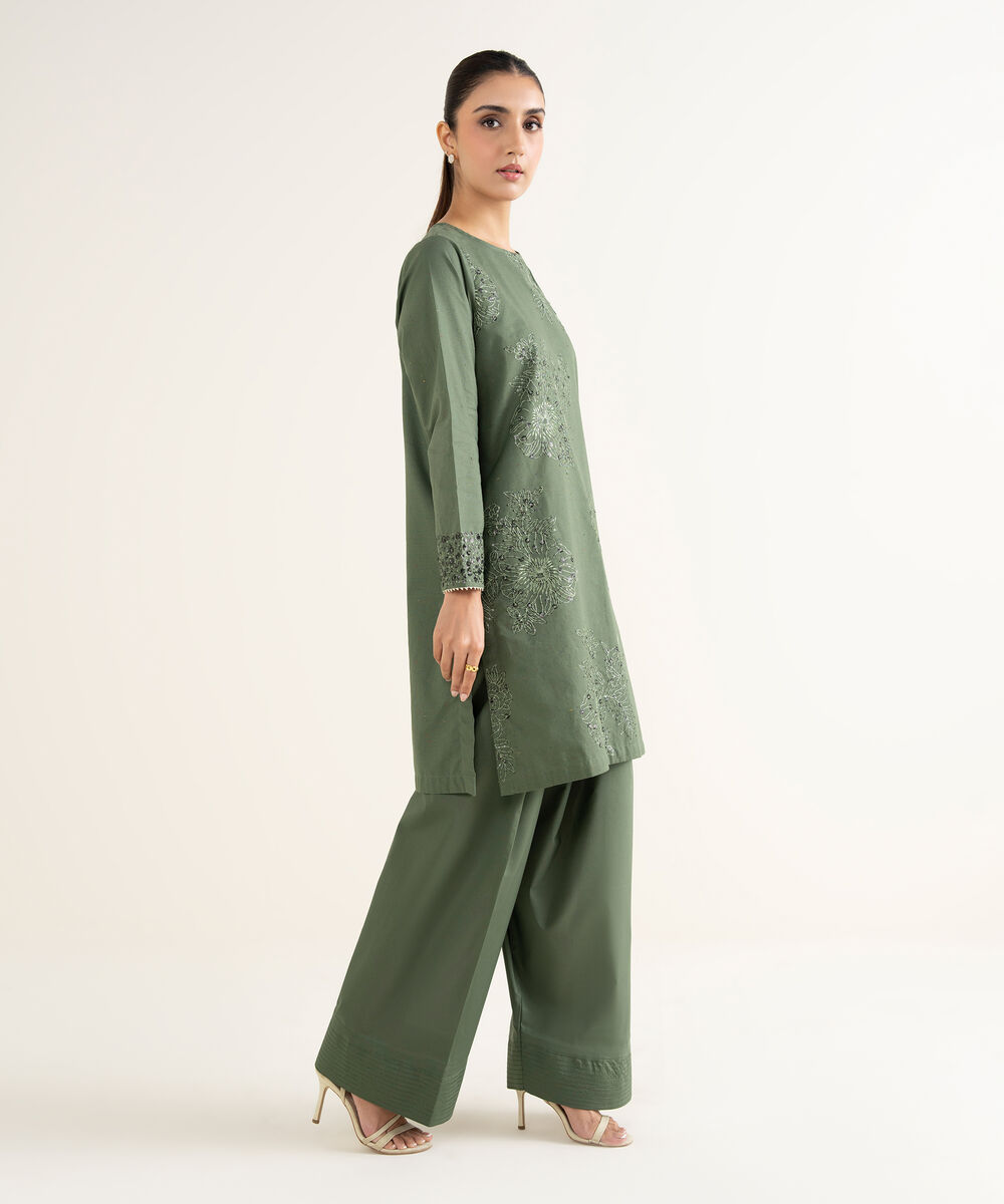 Women's RTW Multineps Embroidered Green Straight Shirt