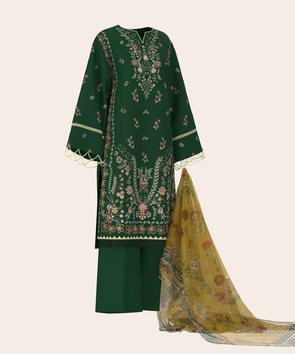 Women's Unstitched Self Jacquard Green  Embroidered 3 Piece Suit