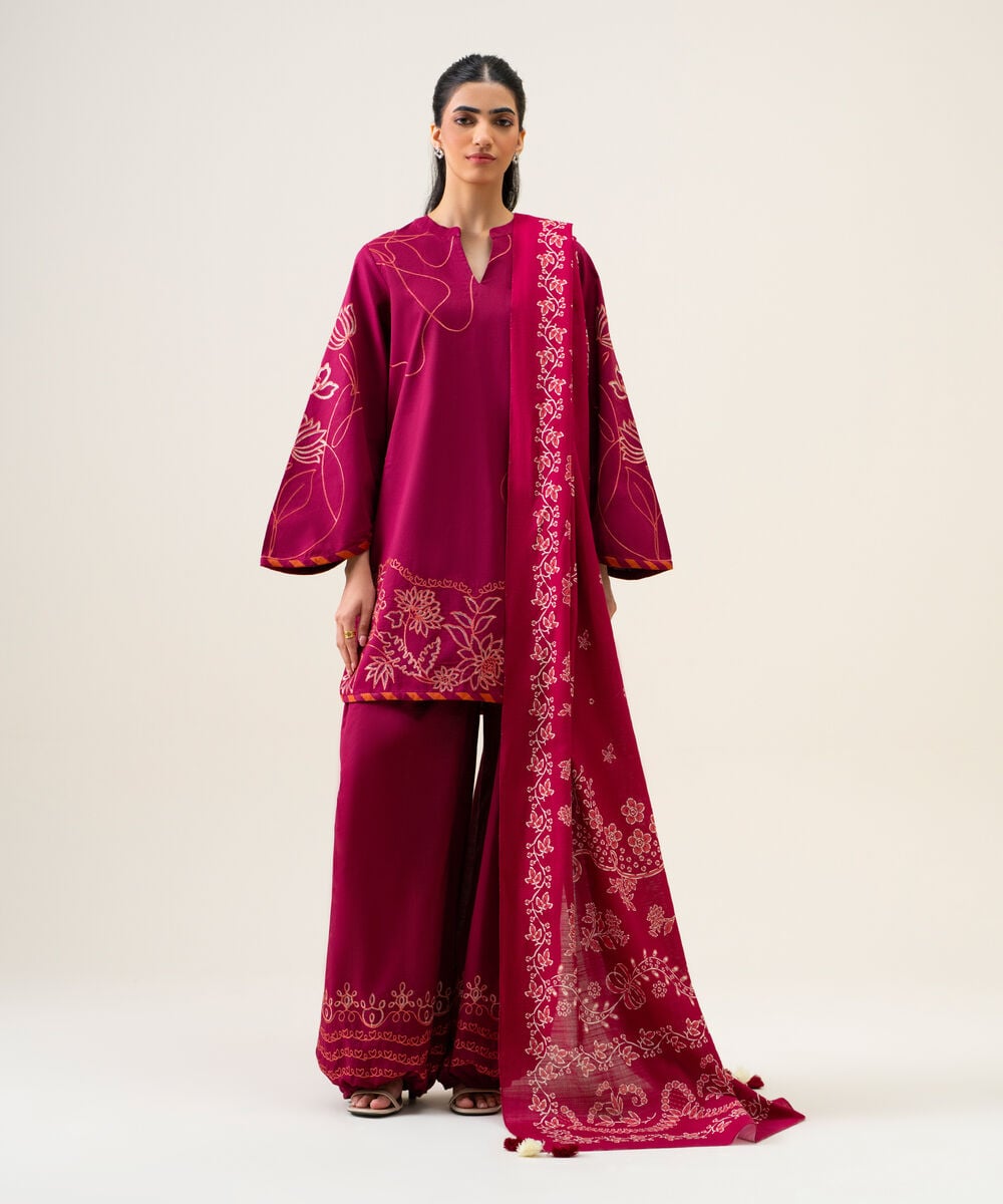 Women's Unstitched Textured Cotton Embroidered Magenta 3 Piece Suit