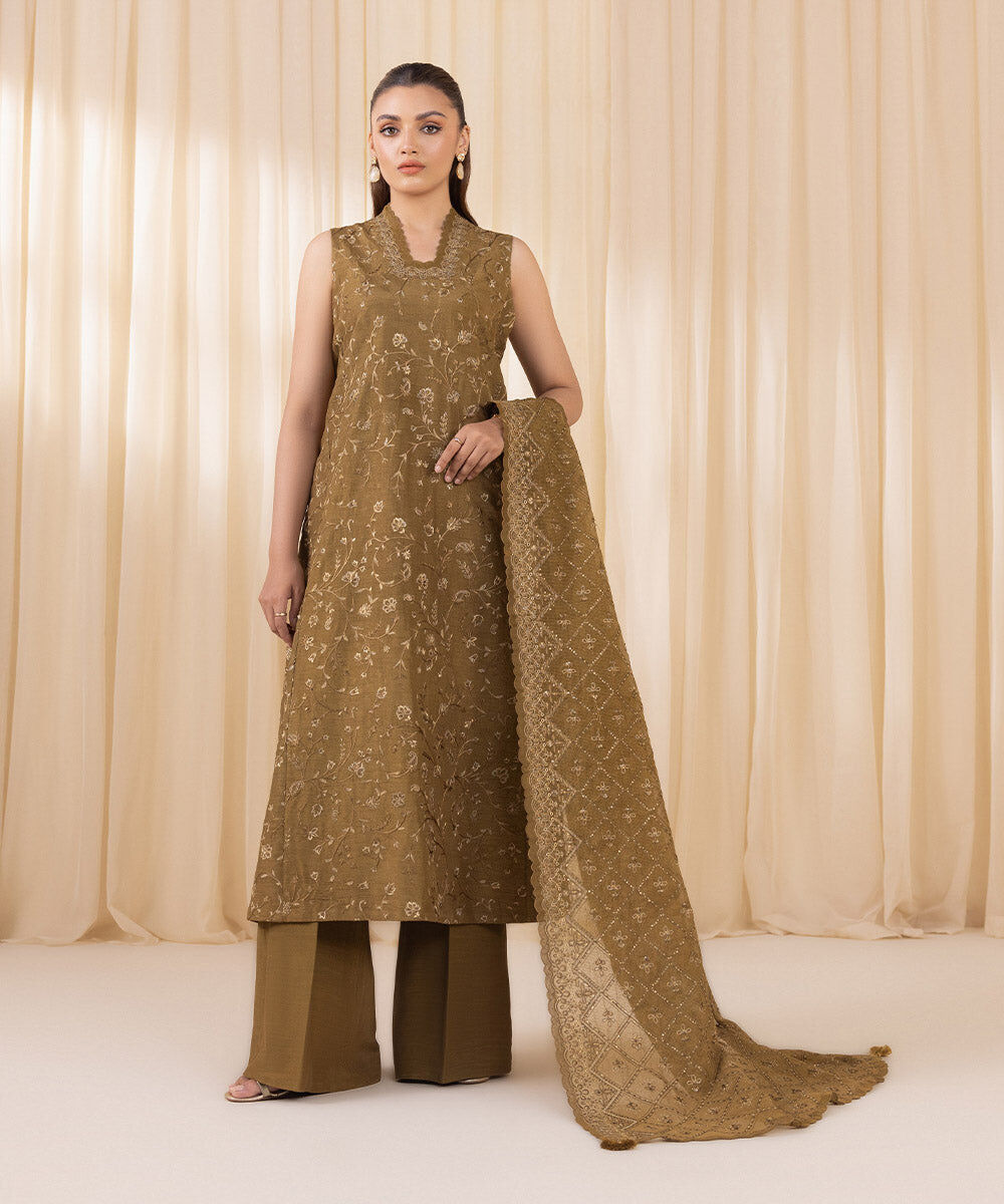 Women's Unstitched Olive Raw Silk Three Piece Suit