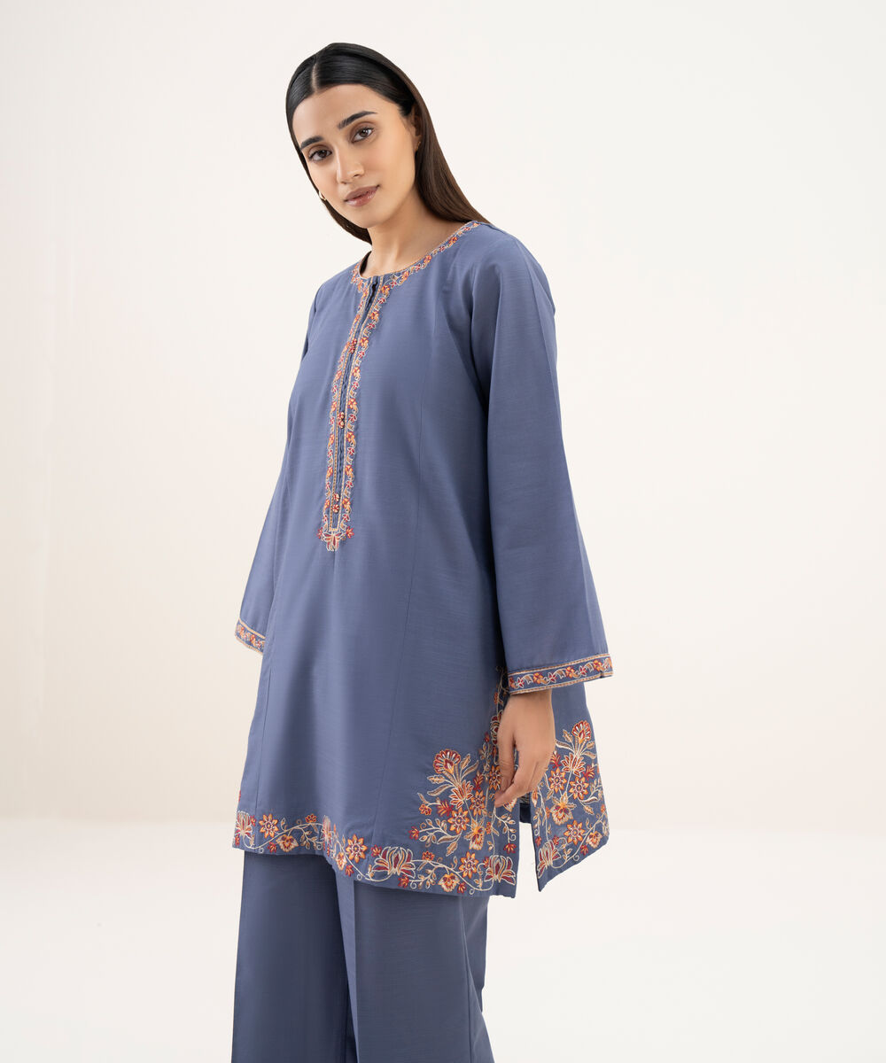 Women's RTW Light Khaddar Embroidered Straight Blue Shirt
