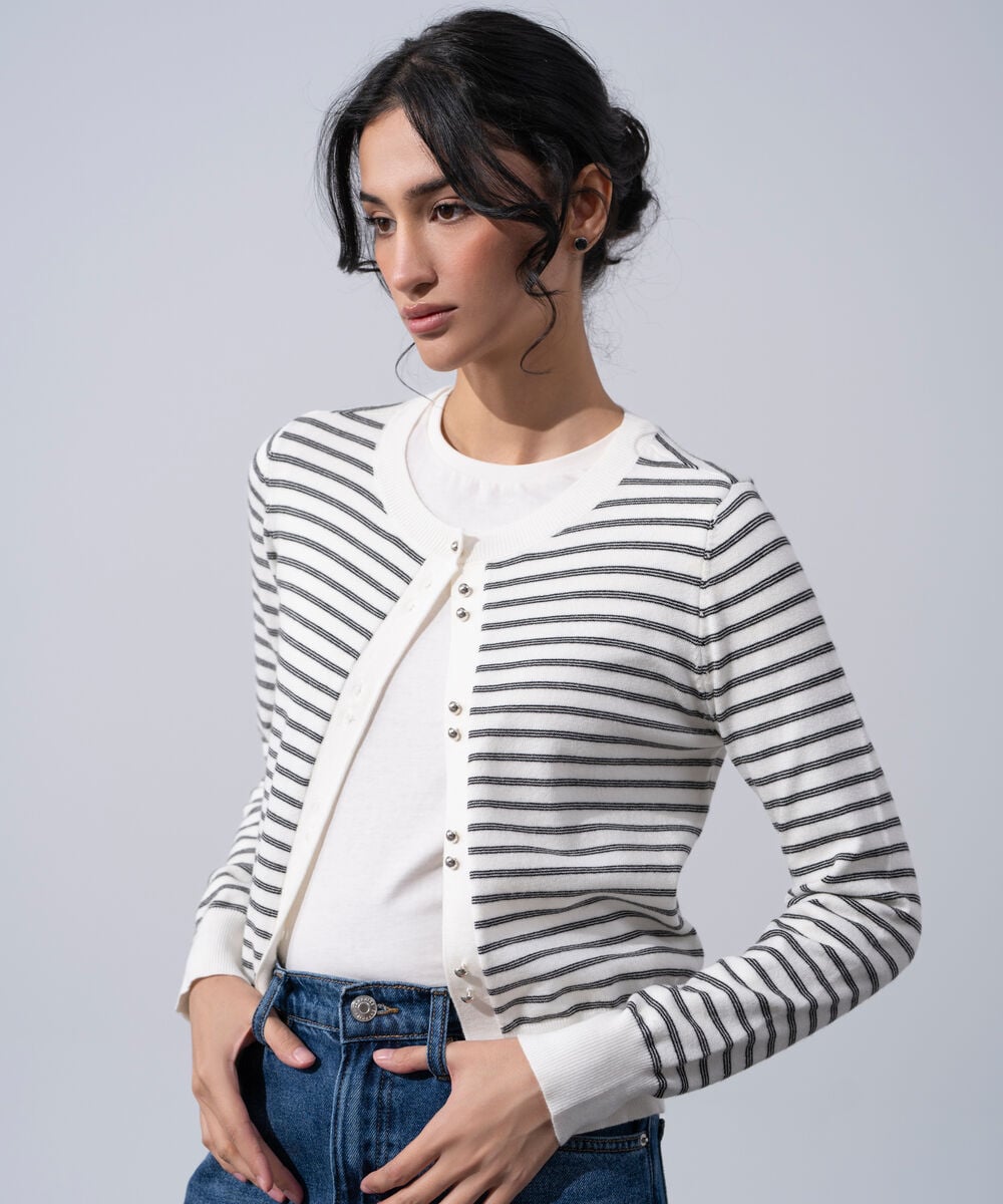 Women's Western Wear White And Black Round Neck Knit Cardigan