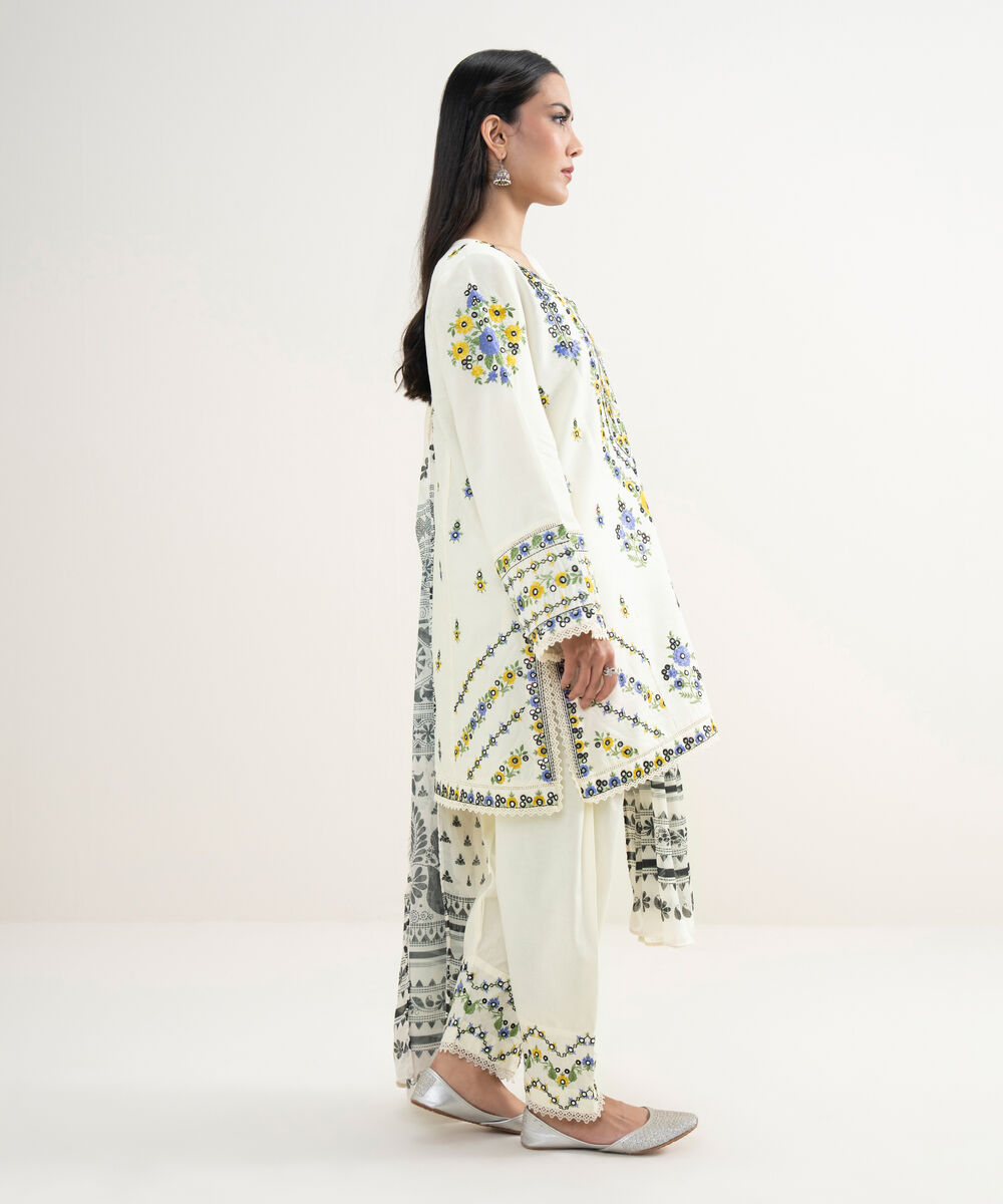 Women's RTW Zari Cotton Embroidered Off White 3 Piece Suit