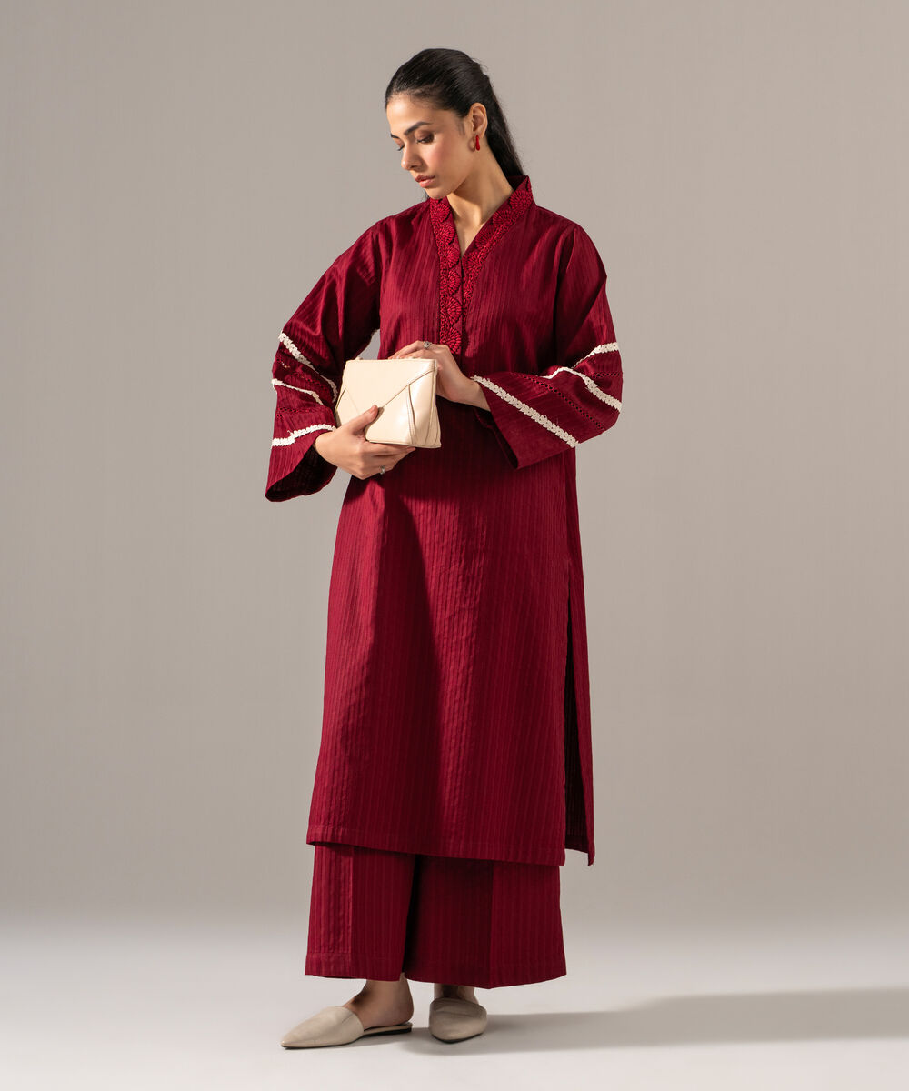 Women's RTW Dobby Strip Solid Maroon 2 Piece Suit