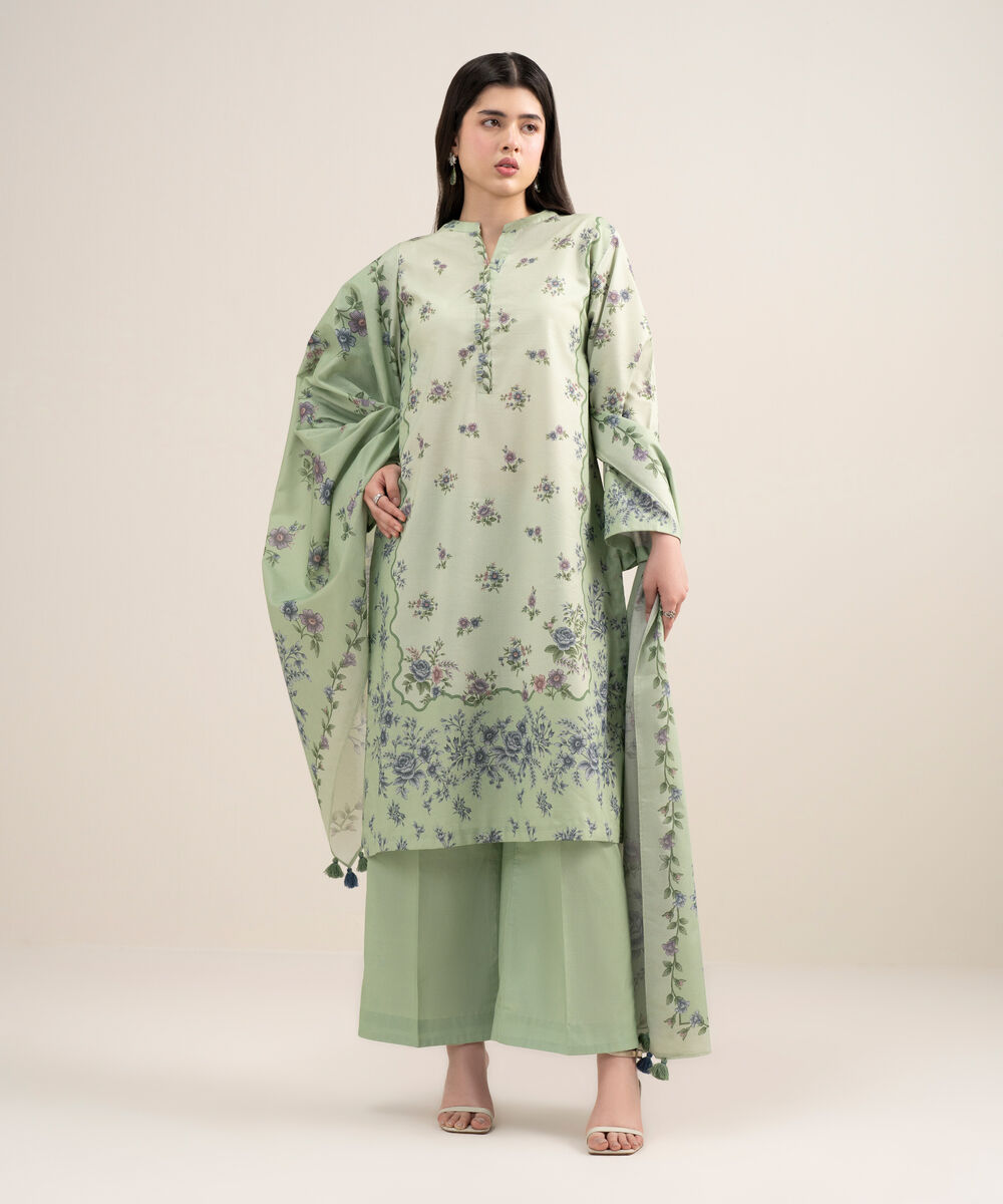 Women's Unstitched Zari Lawn Printed Green 3 Piece Suit