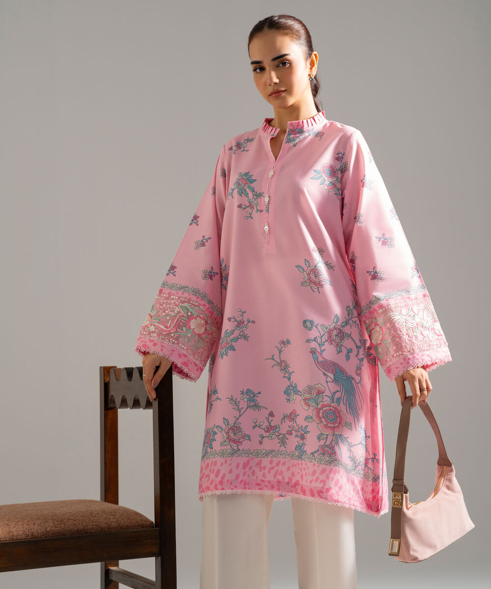 Women's RTW Zari Lawn Embroidered Pink Straight Shirt