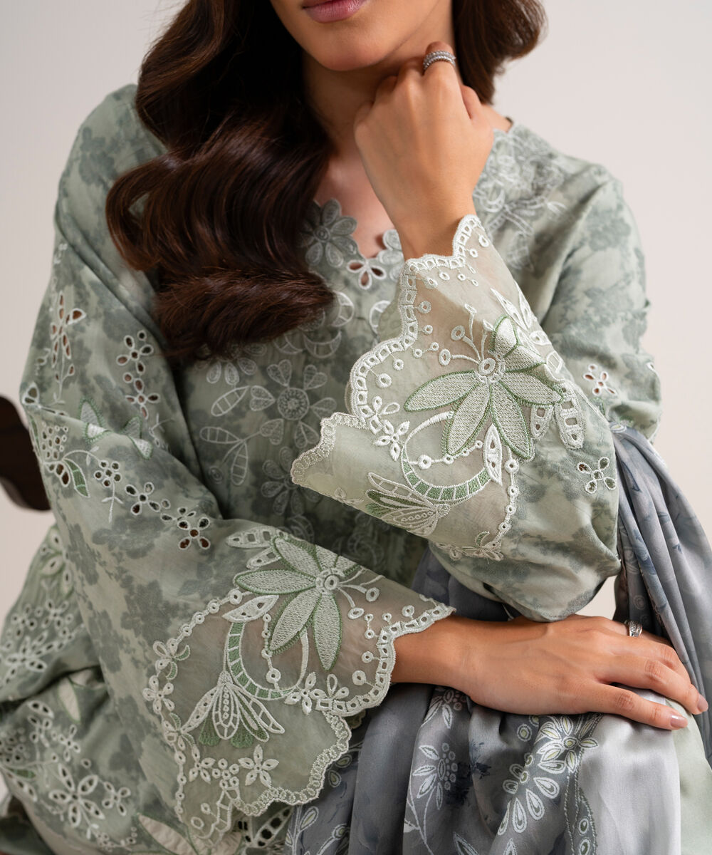 Women's Unstitched Embroidered Linen Jacquard Light Green 3 Piece Suit