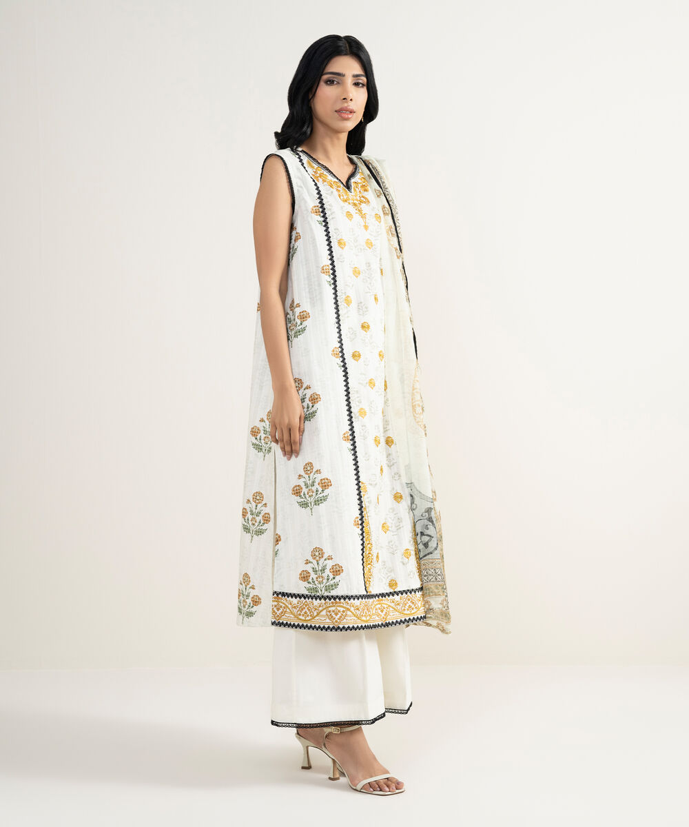 Women's RTW Dobby Embroidered White 3 Piece Suit