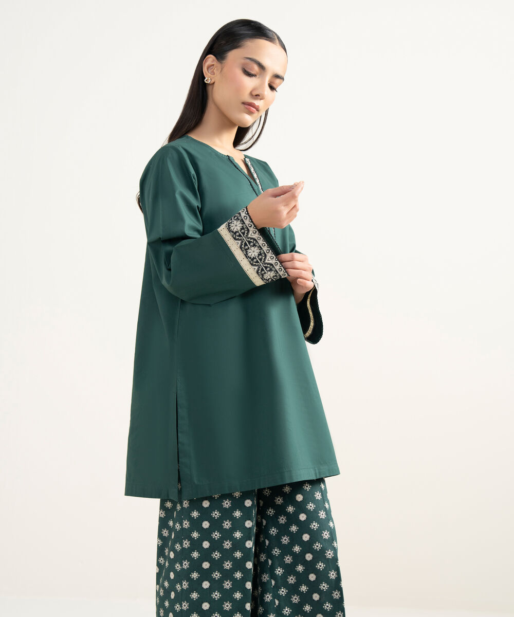 Women's RTW Lawn Solid Green Straight Shirt