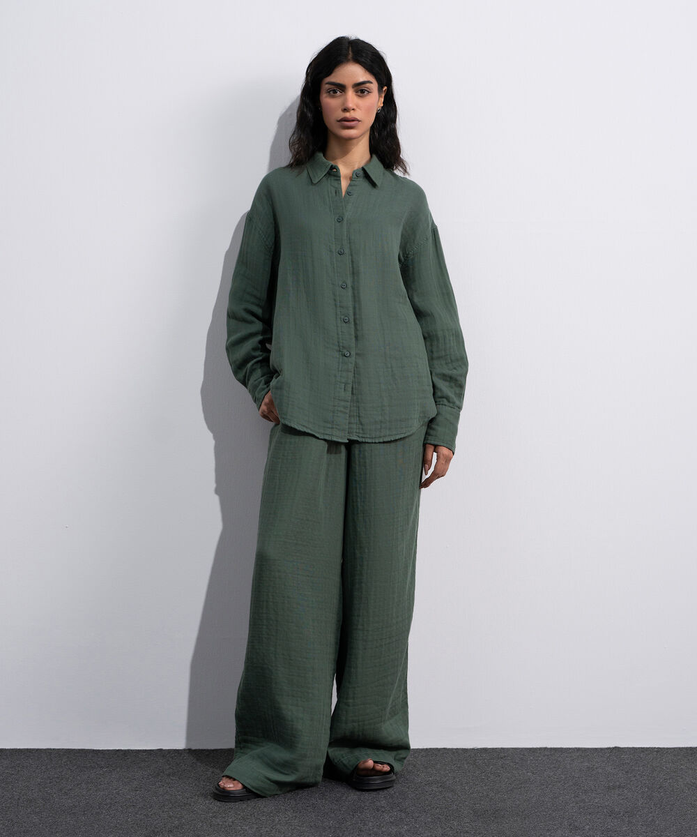 Women's Green Loose-Fit Muslin Shirt