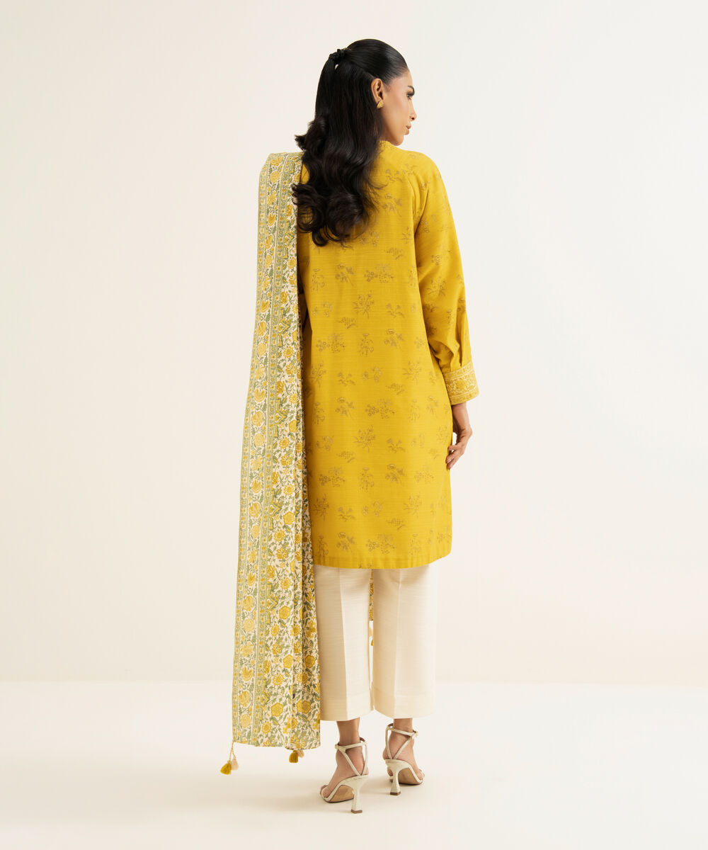 Women's Unstitched Khaddar Embroidered Yellow 2 Piece Suit