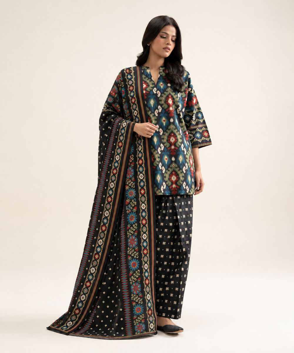 Women's Unstitched Cotton Printed Multi 3 Piece Suit