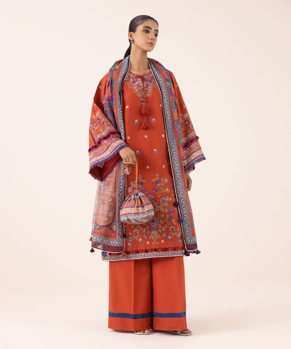 Women's Unstitched Light Cotton Satin Dyed Three Piece Suit