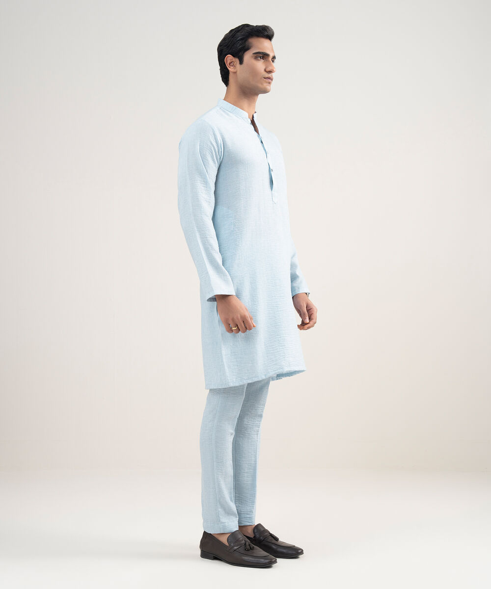 Men's Stitched Blended Linen Sky Blue Suit