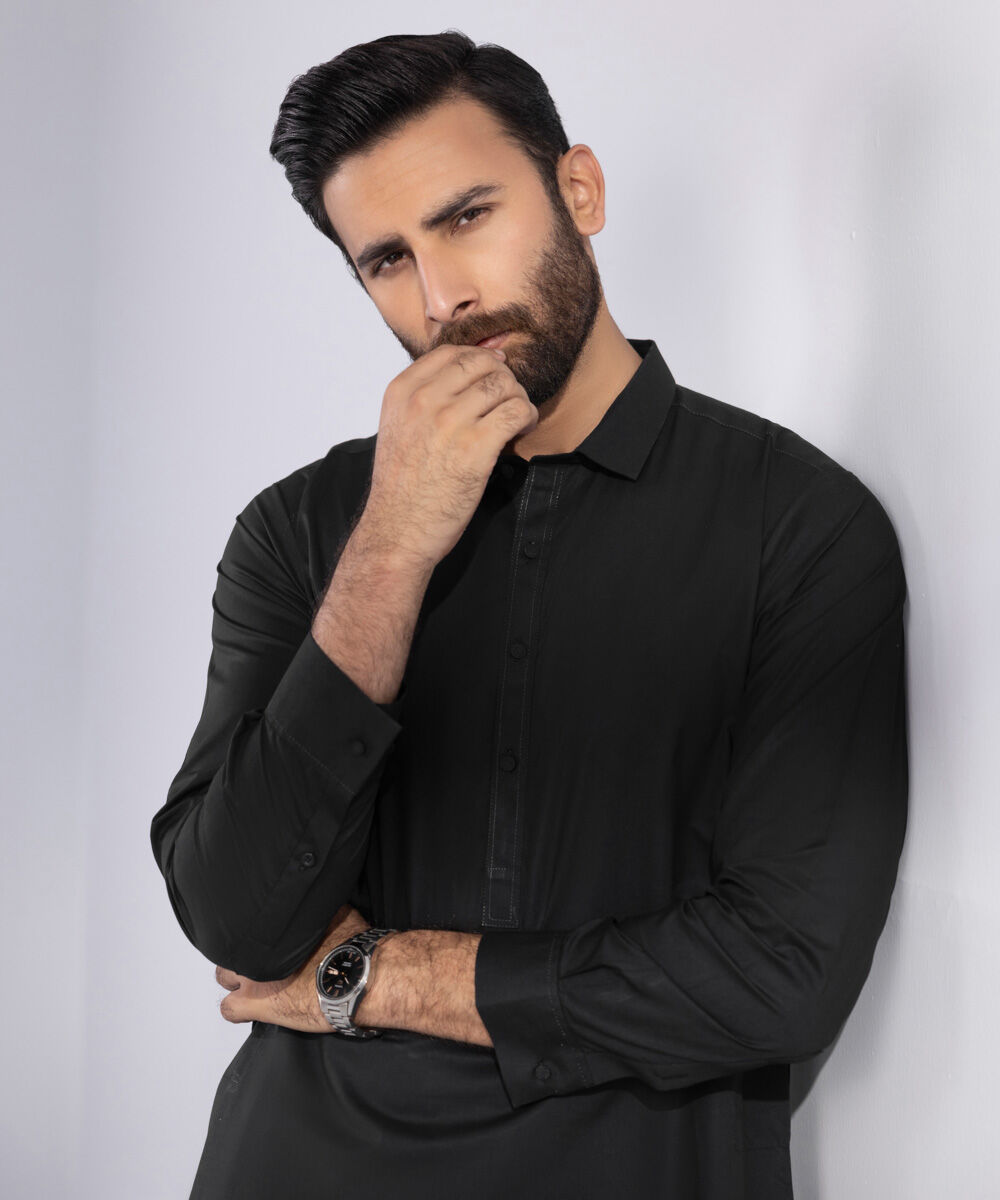 Men's 100% Cotton Stitched Plain Black Stitched Suit