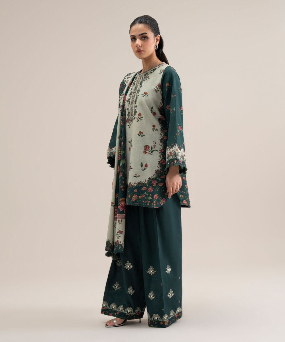 Women's Unstitched Premium Khaddar Printed Off White 3 Piece Suit