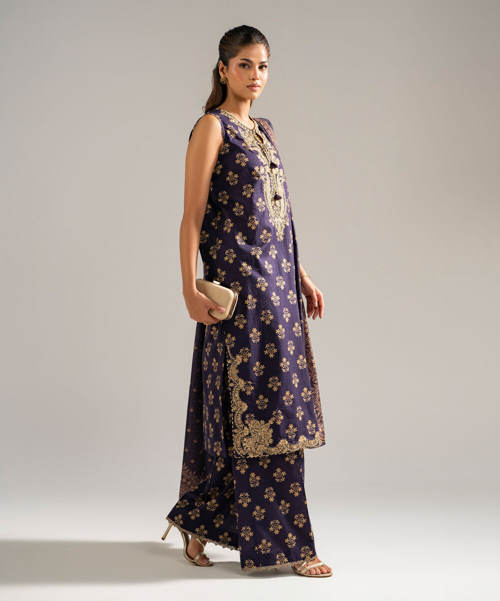 Women's RTW Dobby Embroidered Purple 3 Piece Suit