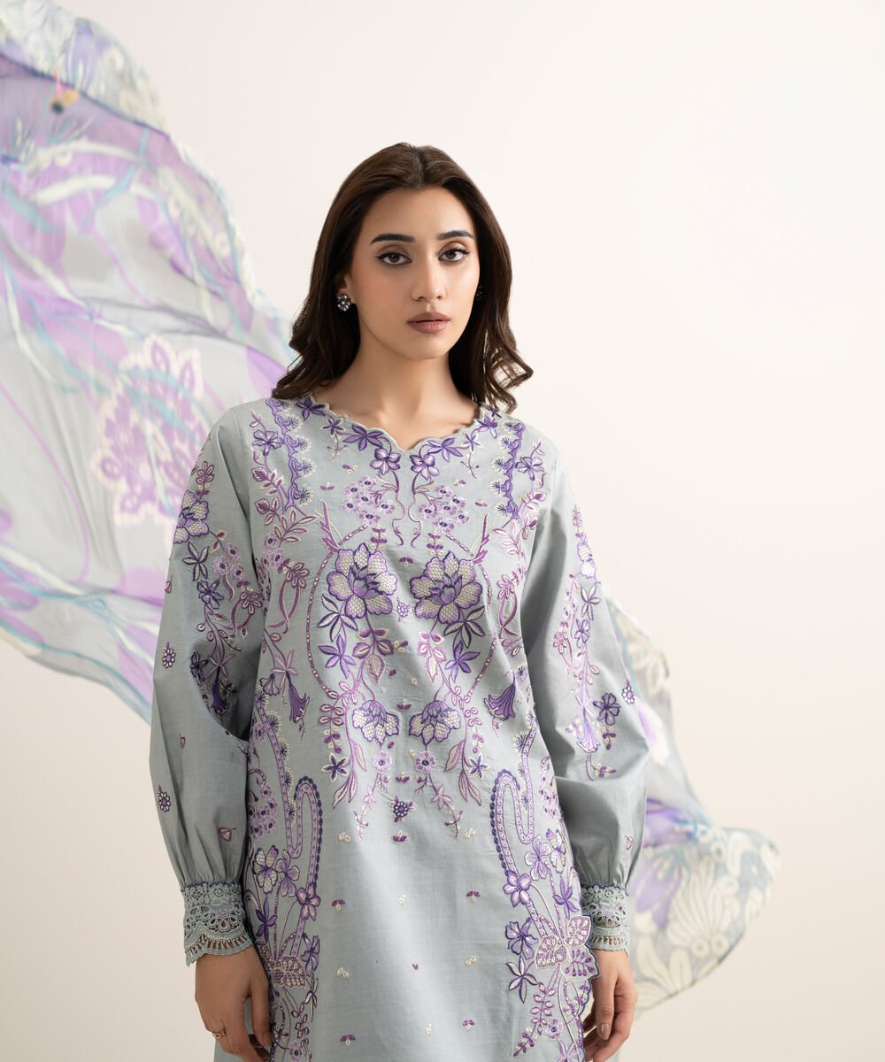 Women's Unstitched Textured Lawn Embroidered Grey 3 Piece Suit