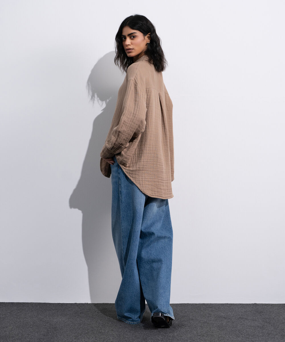 Women's Beige Loose-Fit Muslin Shirt