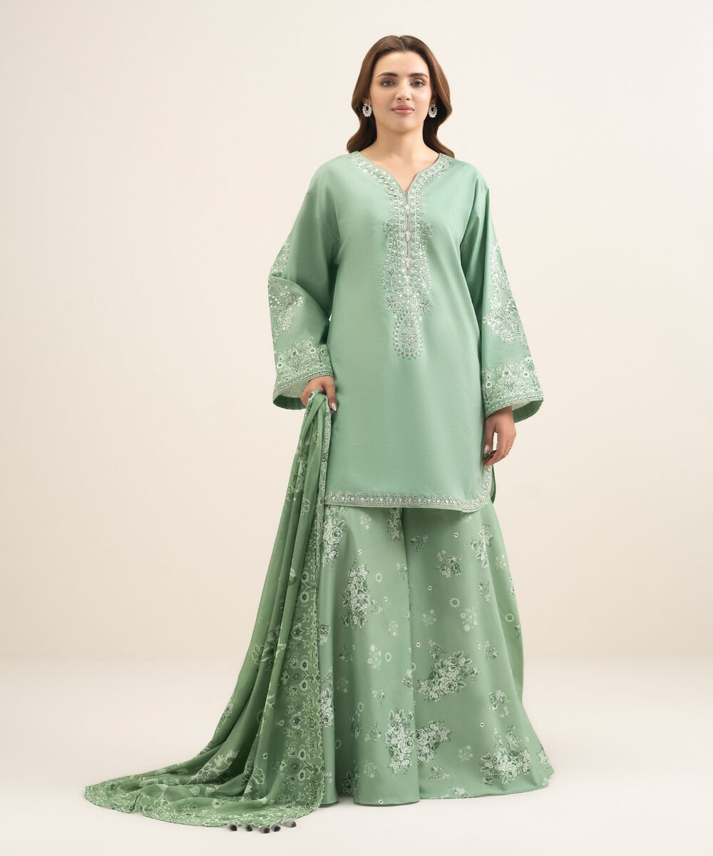 Women's Unstitched Textured Lawn Embroidered Green 3 Piece Suit