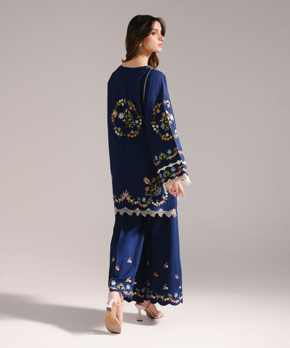 Women's RTW Seersucker Embroidered Drop Shoulder Dark Blue Shirt