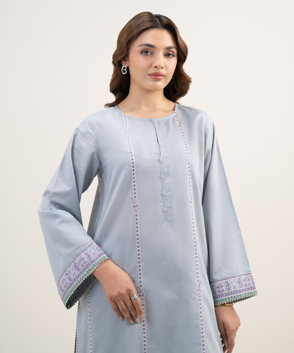 Women's RTW Zari Lawn Embroidered Grey A-Line Shirt