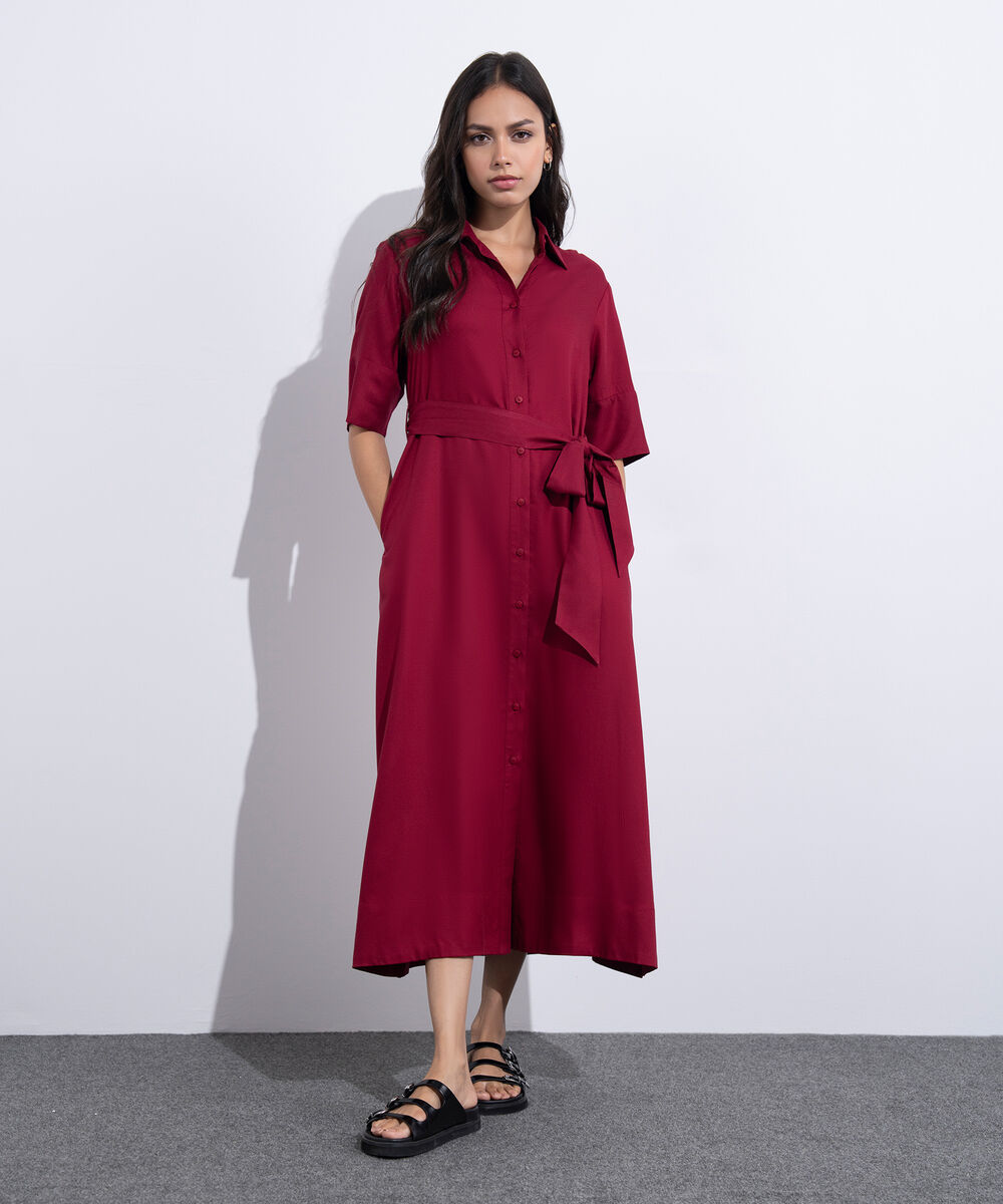 Women's Western Wear Red Short Sleeve Dress With Belt