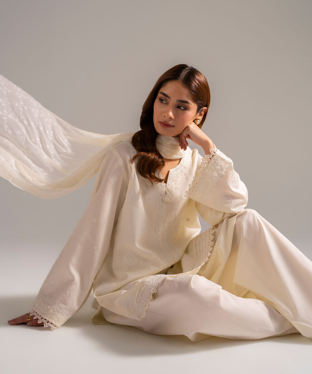 Women's RTW Dobby Embroidered Off White 3 Piece Suit