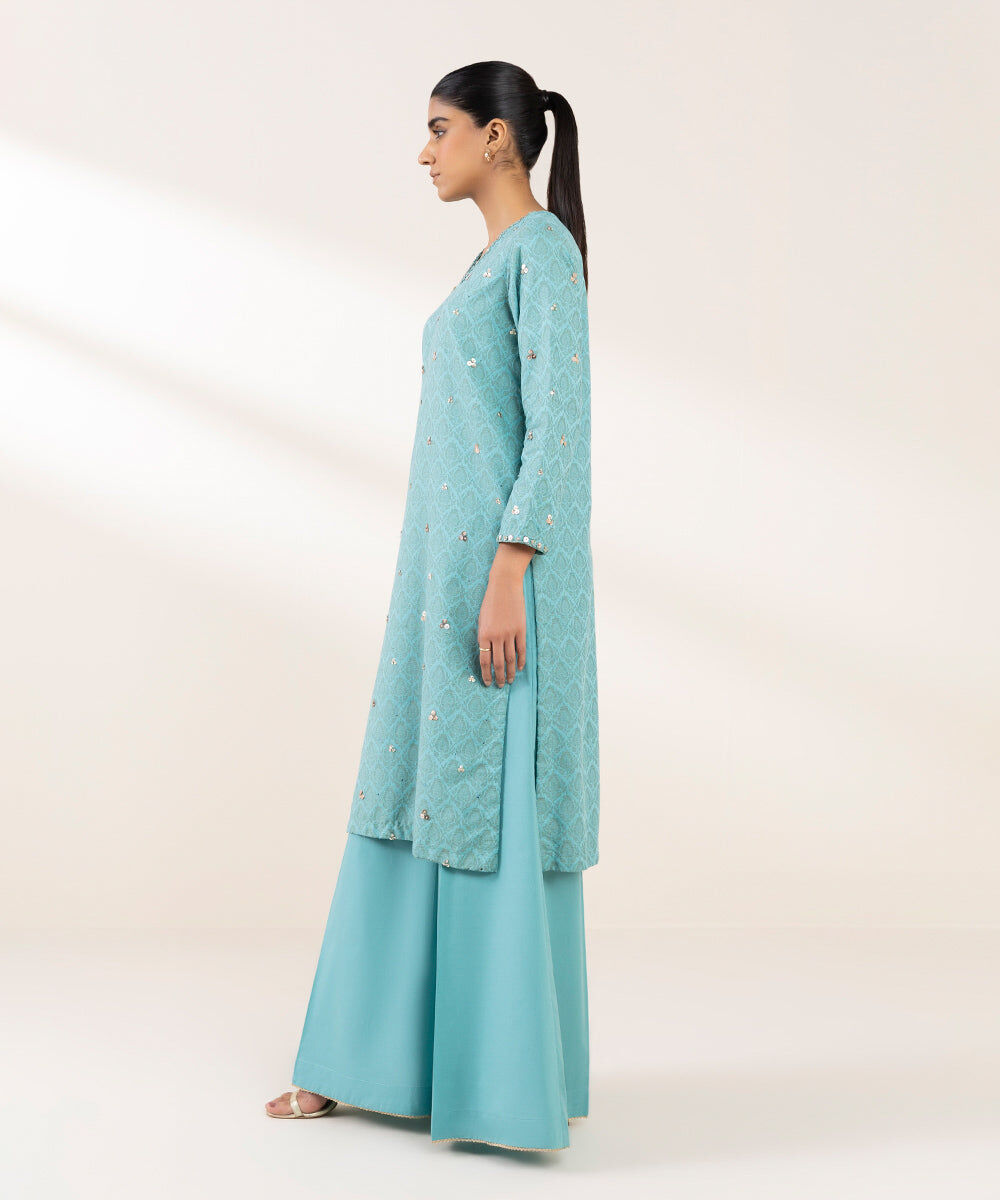 Woman - Blue Embroidered Cotton Jacquard Shirt