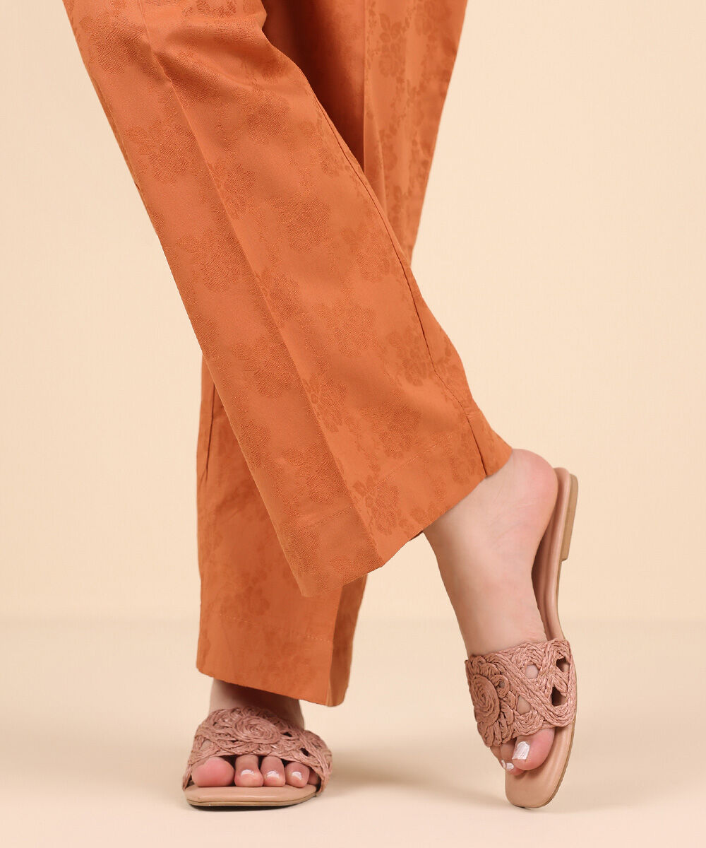 Women's Pret Yarn Dyed Orange Solid Straight Pants