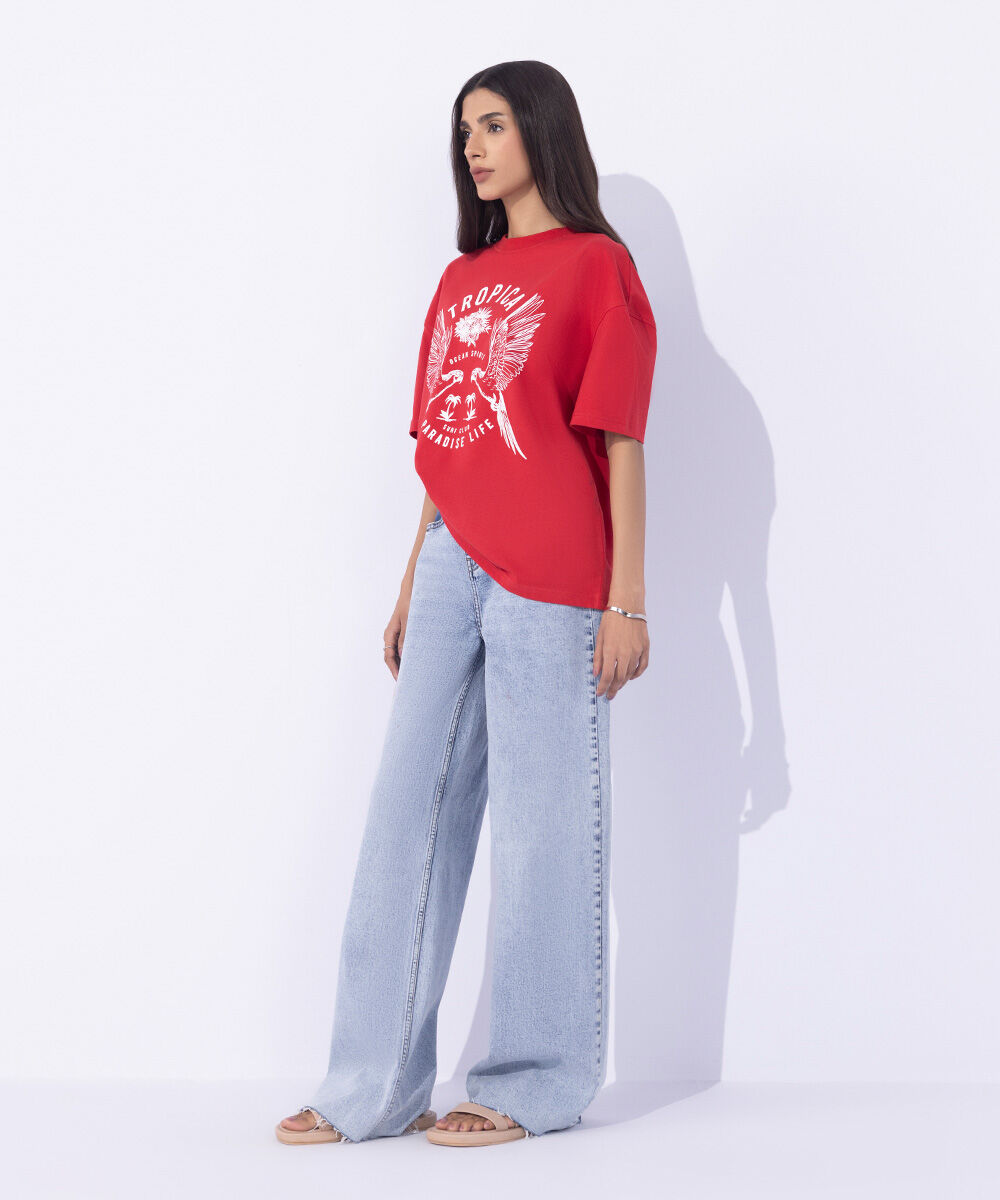Women's Western Wear Red Loose Fit Graphic T-Shirt