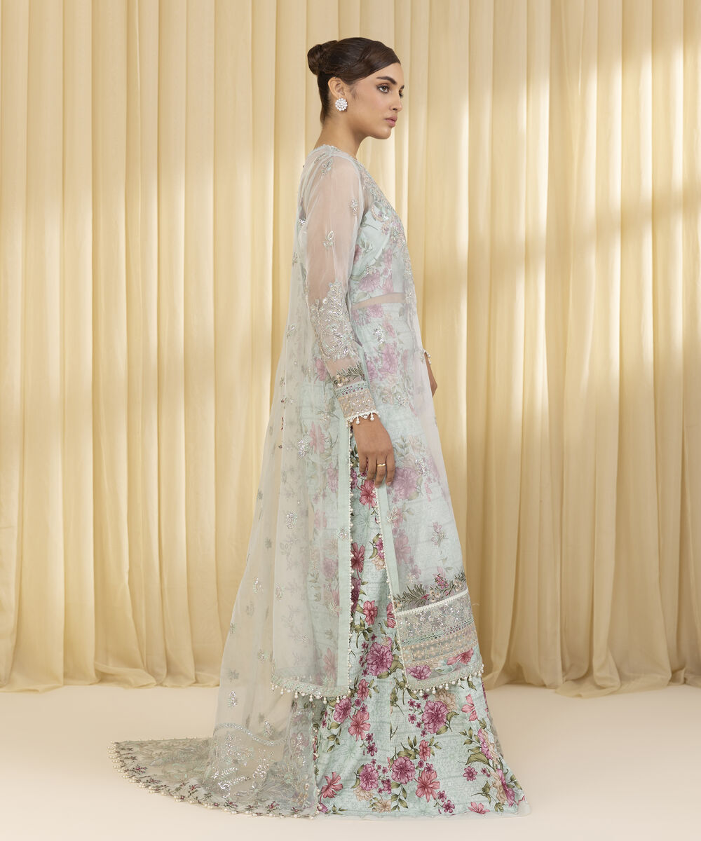 Unstitched Women's Blue Blended Organza 3 Piece Suit